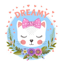 Little cat girl. Dreamy slogan. Kitten with flowers. Cartoon vector illustration
