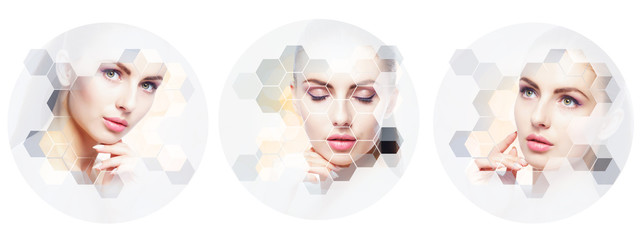 Collage of female portraits. Healthy faces of young women. Spa, face lifting, plastic surgery...