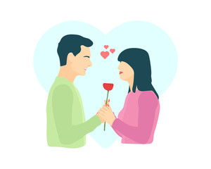 Happy Valentine's day. Adorable and happy couple in love on romantic date. Guy giving a rose flower to a girl. Online dating app or website meet up - Flat vector illustration.