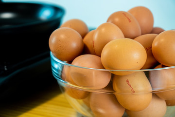 Some eggs on a big glass