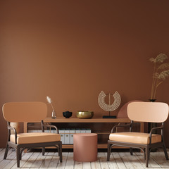 Modern dark interior with commode, chair and decor in terracotta colors, 3d render