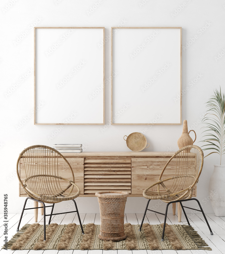 Wall mural mock up frame in home interior background, white room with natural wooden furniture, scandi-boho sty