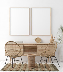 Mock up frame in home interior background, white room with natural wooden furniture, Scandi-Boho style, 3d render © artjafara