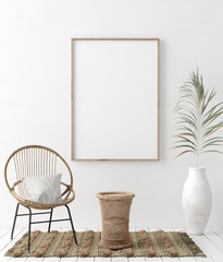 Mock up frame in home interior background, white room with natural wooden furniture, Scandi-Boho style, 3d render