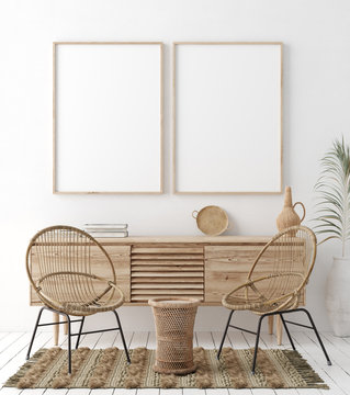 Mock up frame in home interior background, white room with natural wooden furniture, Scandi-Boho style, 3d render