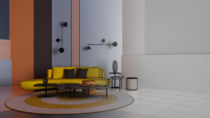 Architect interior designer concept: unfinished project that becomes real, colorful living room, yellow sofa, coffee table, colored panels, carpet, background with copy space