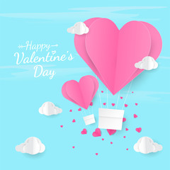 Happy valentines day with paper cut  heart shape balloon flying over cloud. vector illustration. 