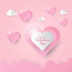 Happy Valentine's Day celebration design with hanging hearts, paper cut style. vector illustration.