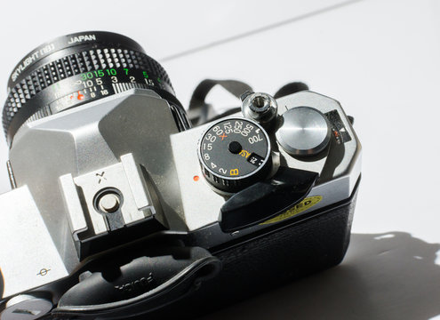 london, england, 05/05/2018 A Retro vintage fujica stx 1 single lens reflex film camera with leather case, and 50mm 1.9 x fujinon lens. vintage hipster camera making a fashionable come back