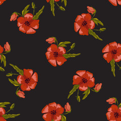  seamless pattern simple  red poppies. Scattered red flowers  vector pattern background