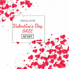 Happy valentine's day sale banner with red and white paper hearts background. 