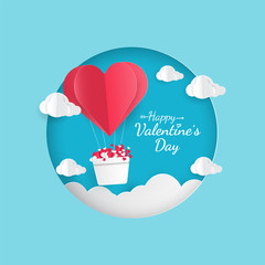 Valentines day card with air balloon, floating heart in paper cut style.