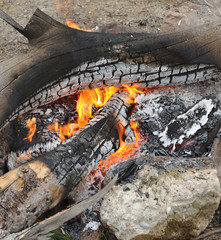 close-up of a campfire in the field, warm background of flames and fire