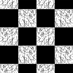 Chess seamless pattern. Monochrome vector illustration with hand drawn graphic elements.