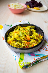 Indian basmati rice. Colorful biriyani with vegetables. Vegan healthy diet food