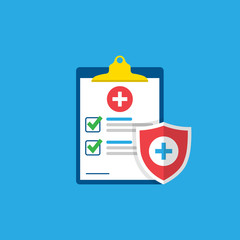 Medical form, medical report. Clipboard with a cross, checkmarks. Shield with a cross. Informed consent, prescription, application, medical insurance.