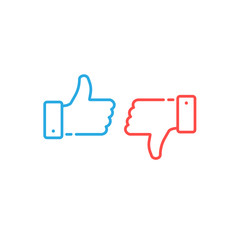 Obraz premium Thumbs up and down icons. Blue button, red button. Simple linear stroke, outline style.