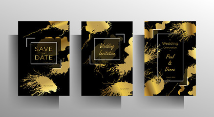 Design wedding invitation template set. Gold blots of paint on a black background are manually drawn. Vector 10 EPS.