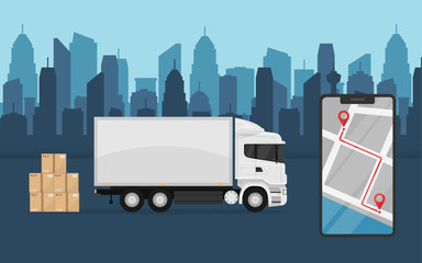 Mobile phone delivery service application. white truck with cardboard boxes and a mobile phone with a map on a city background.