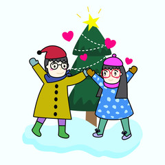 lovely couple boy and girl in romantic heart of winter season. Man and woman embracing each other in sweet valentines day and cold weather. Flat cartoon characters vector illustration.