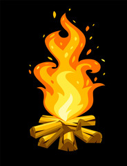 Cartoon touristic campfire with burning firewood and hot flame with sparks from fire isolated on black background. Summer camping flat symbol. Eps10 vector illustration.