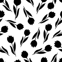 Black tulip silhouettes on white background. Seamless floral pattern. Good for packaging, textile.