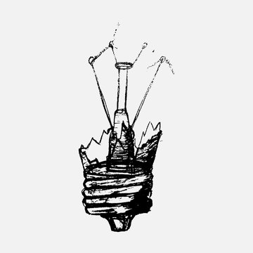 Monochrome light bulb. The light bulb explodes to pieces and the glass is shattered. Hand-drawn figure, isolated icon on a white background. Black line art of light bulb. Vector eps illustration.