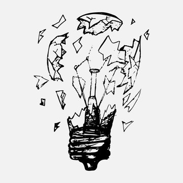 The light bulb explodes to pieces and the glass is shattered. Hand-drawn figure, isolated icon on a white background. Black line art of light bulb. Proper use of electricity. Vector eps illustration.