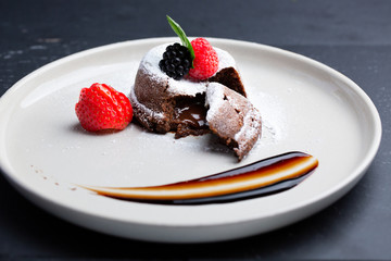 Smooth Chocolate Lava Cake White Dish Red Fruits
