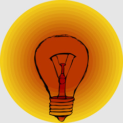 A light bulb drawn by hand with orange and yellow sun in background. An isolated element on a white background. Can be used as a logo or idea. Vector eps illustration.