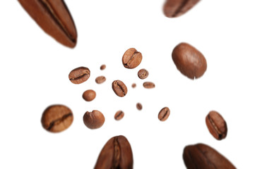  roasted coffee beans fly from top to bottom with a motion effect on a white background