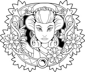 cute geisha with a sword in his hand, coloring book, illustration design
