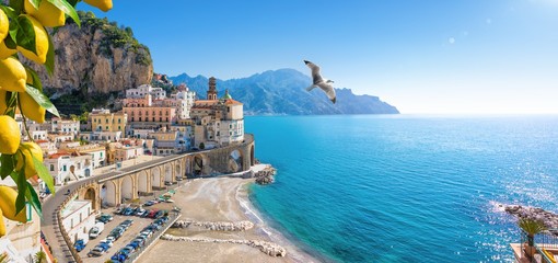 Small town Atrani on Amalfi Coast in province of Salerno, in Campania region of Italy. Amalfi coast is popular travel and holyday destination in Italy. - obrazy, fototapety, plakaty
