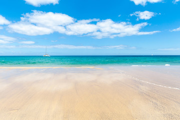Panorama of beautiful beach and tropical sea of Lanzarote. Canaries