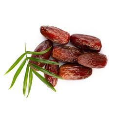 Dry dates isolated on white background. Top view. Flat lay pattern.