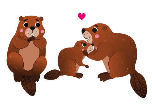 Cute cartoon wild beaver family vector image. Male and female beaver with their little beaver. Forest animals and rodents for kids. Isolated on white background
