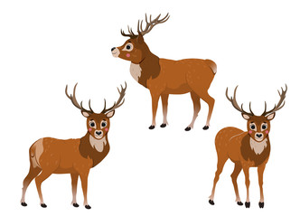 Naklejka na ściany i meble Cute cartoon wild deer vector set. Deers in different postures. Forest animals for kids. Isolated on white background.