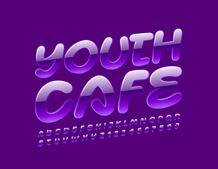 Vector Bright Sign Youth Club. Violet Glossy Font. Stylish modern Alphabet Letters and Numbers.