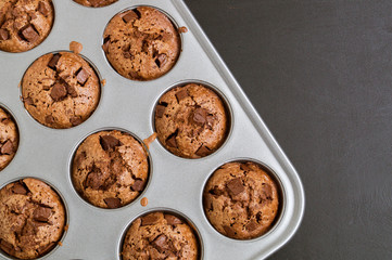 chocolate cupcakes with chocolate pieces in a baking dish
