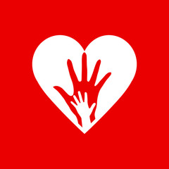 Two Hands in the Heart Icon as Orphan Children Adoption Metaphor. Great an Illustration or Logo for Child Adoption or Medical or kids Health Care Charity Agency on Red Background