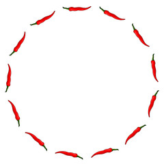 Round frame of little chili peppers on white background. Isolated frame for your design.