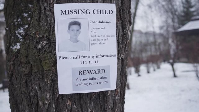 Missing Caucasian boy ad hanging on the tree in winter. Information about reward for any data about little kidnapped child. Kidnapping, loss, search.