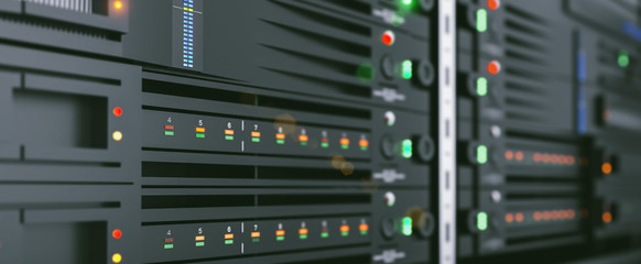 server units in cloud service data center showing flickering light indicators for massive data connection bandwidth, close up shot.