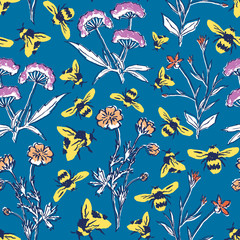 Stoffe zum Nähen Vector floral seamless pattern with bees. Hand drawn illustration of spring meadow great for fabric and wallpaper.