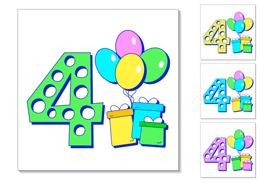 4th year anniversary celebration card. Greeting card with number 4, colorful balloons and gifts. Set of different color cards for little boy or girl
