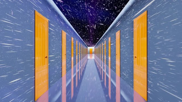 3d video transition - moving through a doors hall corridor of stars in space and Universe. The last door opens and reveal the green screen