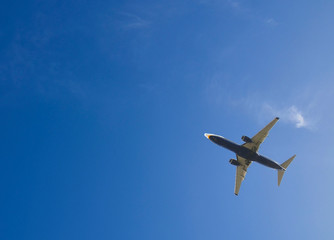 Fototapeta na wymiar Passenger airplane on a blue sky white clouds background.Leaving flight.Selective soft focus.