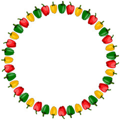 Round frame of red, yellow and green peppers on white background. Isolated frame for your design.