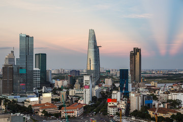 Fototapeta na wymiar Stunning sunset over the modern Ho Chi Minh City, or Saigon, downtown and business district in Vietnam largest city in the south