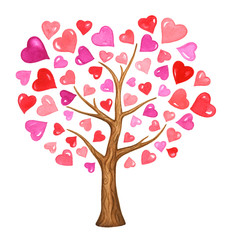 Obraz na płótnie Canvas Love tree. Watercolor illustration of a tree with pink and red hearts. Isolated on white. Love or Valentines day design.